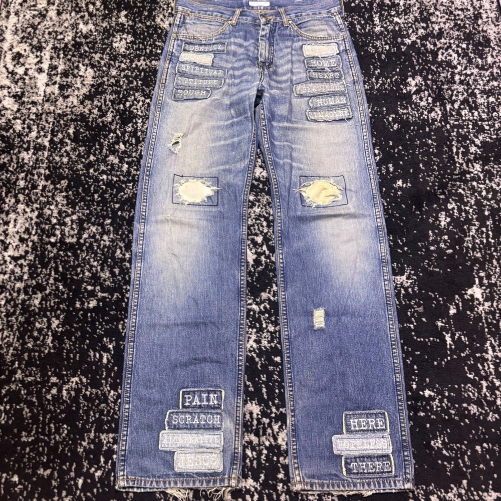 Number (N)ine SS02 Modern Age Poem Patchwork Jeans Blue Distressed Denim